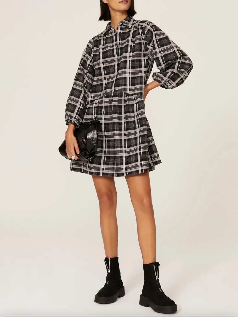 club monaco puff sleeve dress | Dresses | Club Monaco Plaid Sleeves Shirt Oversized Linen Loose Fit Black Gray Wood Type:Sap Cherry last-chance-to-buy The breezy silhouette pairs Black PURE SILK KATIUSHA Womens dresses
